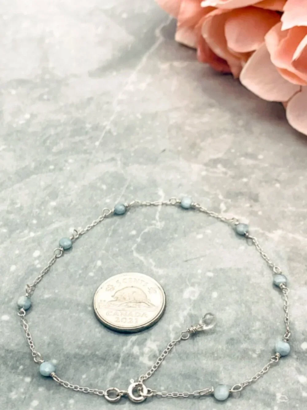 Aquamarine Coin Anklet/Bracelet in Sterling Silver, March Birthstone - Picture 6 of 7